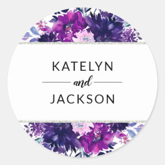 Enchanted Floral Violet Silver Wedding Monogram Ronde Sticker