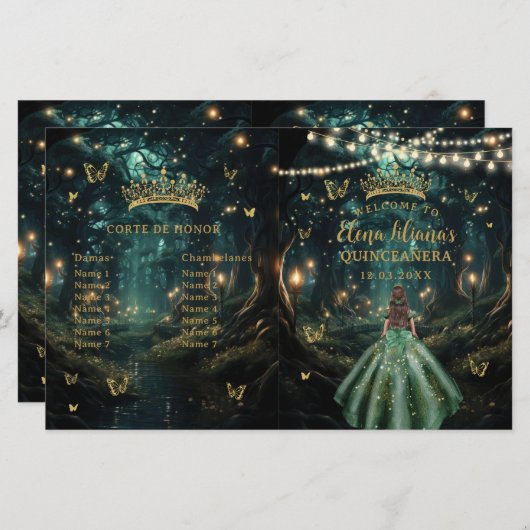 Enchanted Forest Emerald Green Quinceanera-program (Voorkant / Achterkant)