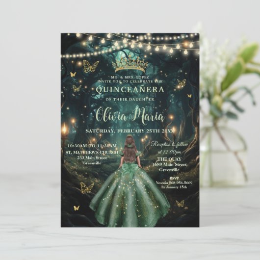 Enchanted Forest Emerald Groene Jurk Quinceañera Kaart (Staand voorkant)