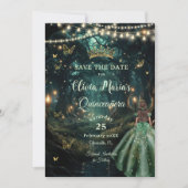 Enchanted Forest Emerald Groene Jurk Quinceañera Save The Date (Voorkant)
