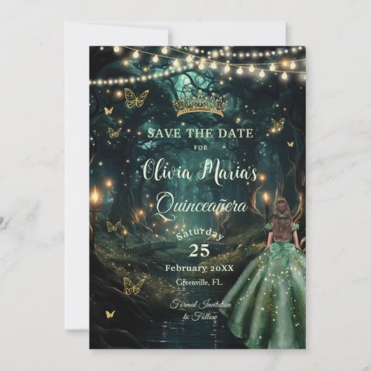 Enchanted Forest Emerald Groene Jurk Quinceañera Save The Date (Voorkant)