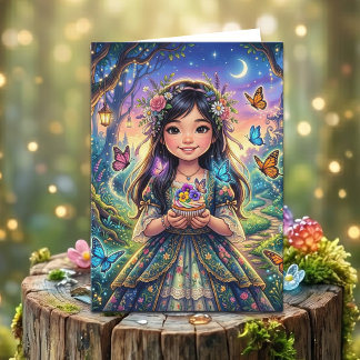Enchanted Forest Girl's Birthday + Coloring Page Kaart