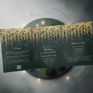 Enchanted Forest Gold Greenery All One 2 Wedding Drieluik Uitnodiging