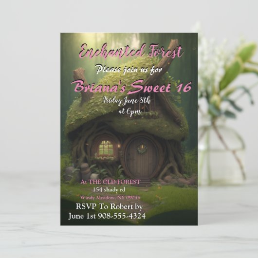 Enchanted Forest Hut Sweet 16 Invitation Kaart (Staand voorkant)