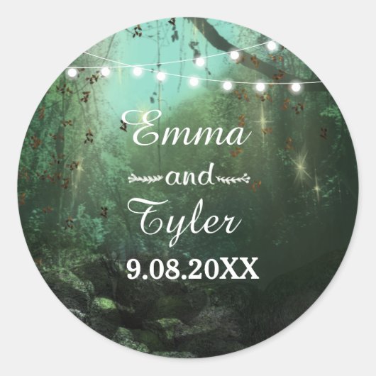 Enchanted Forest Lights Rustic Save the Date Ronde Sticker (Voorkant)