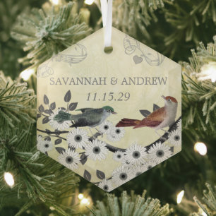 Enchanted Forest Love Bird Wedding Glas Ornament