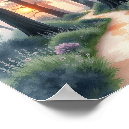 Enchanted Forest Path bij zonsondergang Poster (Hoek)
