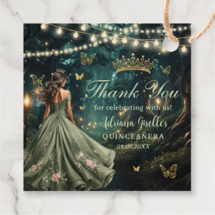 Enchanted Forest Sage Green Dress Gold Quinceañera Bedankjes Labels