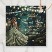 Enchanted Forest Sage Green Dress Gold Quinceañera Bedankjes Labels (Achterkant)