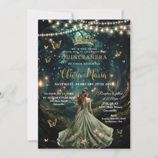 Enchanted Forest Sage Green Dress Quinceañera 16 Kaart (Voorkant)