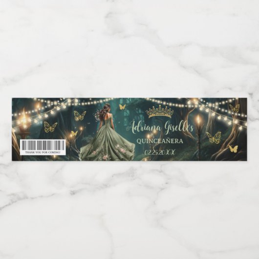 Enchanted Forest Sage Green Dress Quinceañera 16e Waterfles Etiket (Enkel label)