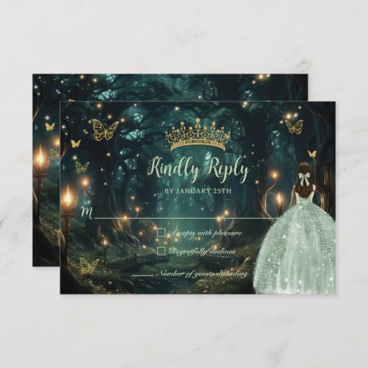 Enchanted Forest Sage Green Dress Quinceañera RSVP Kaartje (Voorkant / Achterkant)