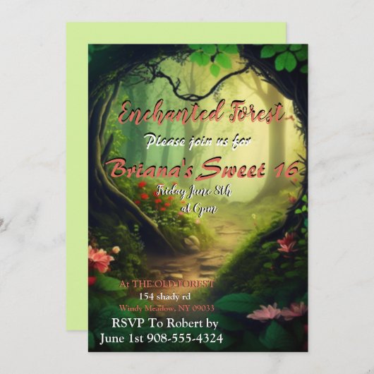 Enchanted Forest Sweet 16 Invitation (Devant / Derrière)