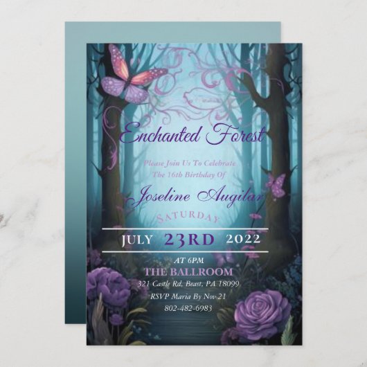 Enchanted Forest Sweet 16 Invitations (Devant / Derrière)