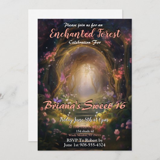 Enchanted Forest Sweet 16 Invitations (Devant / Derrière)