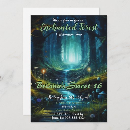 Enchanted Forest Sweet 16 Invitations (Devant / Derrière)