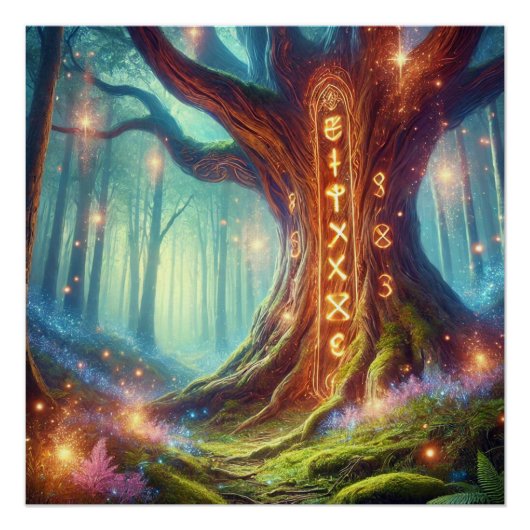 Enchanted Forest Tree met gloeiende runen - Magisc Perfect Poster (Voorkant)