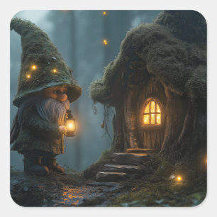 Enchanted Gnome Cottage in het maanlicht: Fantasy Vierkante Sticker