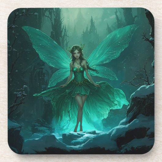 Enchanted Green Fairy Winter Forest Kerstmis Bier Onderzetter (Voorkant)