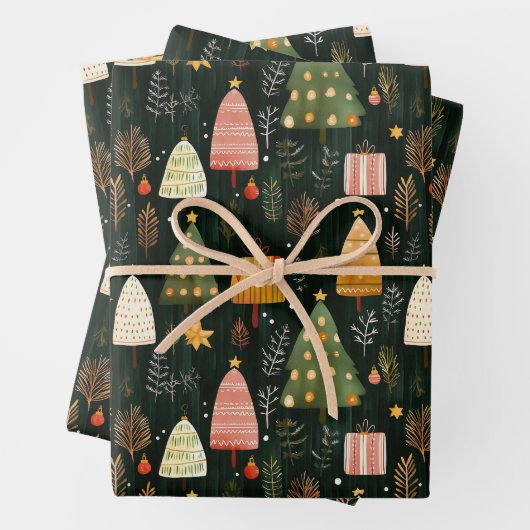 Enchanted Green Woodland Christmas Tree Pattern Inpakpapier Vel (In situ)