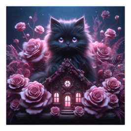 Enchanted Kitten Haven: 3D Dark Fantasy Kunstdruk Foto Afdruk