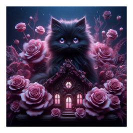 Enchanted Kitten Haven: 3D Dark Fantasy Kunstdruk Perfect Poster