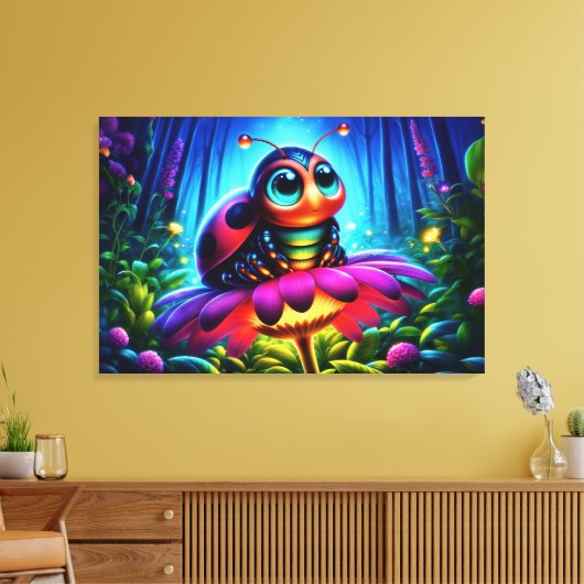 Enchanted Ladybug zachte gloeiende fantasie bloem Canvas Afdruk (Insitu (Woonkamer))