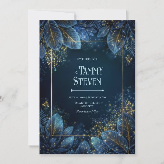 Enchanted Midnight Gold Leaf Forest Wedding Kaart (Voorkant)