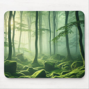 Enchanted Misty Forest Serene Green Woodland Scene Muismat