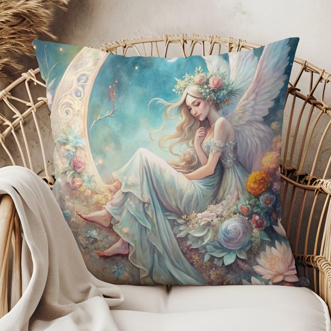 Enchanted Moon Fairy – Celestial Fantasy Art Kussen (Enchanted Moon Fairy – Celestial Fantasy Art Throw Pillow on a boho rattan armchair)