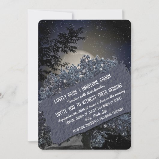 Enchanted Night Blue Tree Lights Wedding Invite Kaart (Voorkant)