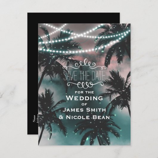 Enchanted Night Sky & Lights Palm Save the Date Aankondigingskaart (Voorkant / Achterkant)