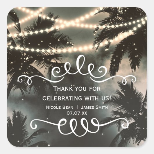Enchanted Night Sky Palm Trees & String Lights Vierkante Sticker (Voorkant)