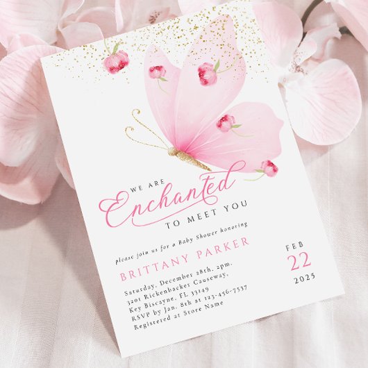 Enchanted Pink Butterfly Baby shower Kaart