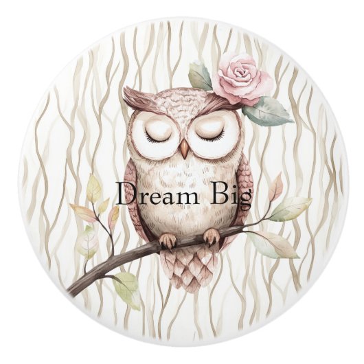 Enchanted Pink Flower Owl Keramische Knop (Voorkant)