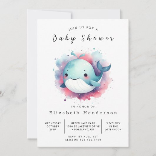 Enchanted Printable Whale Baby shower Kaart (Voorkant)