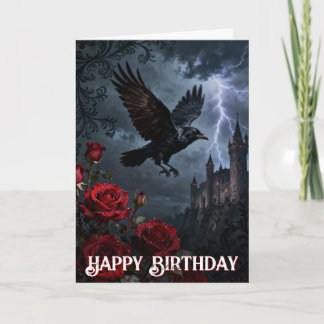 Enchanted Spooky Gothic Castle Raven Birthday Kaart