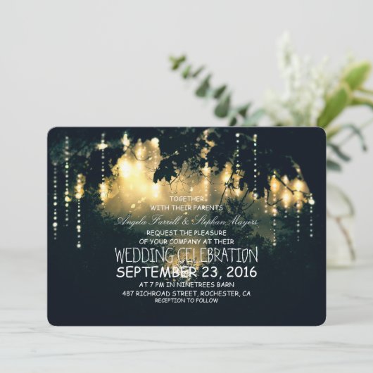 Enchanted string licht bomen bruiloft uitnodiginge kaart (Staand voorkant)