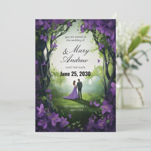 Enchanted Violet Garden Wedding Invitation (Debout devant)