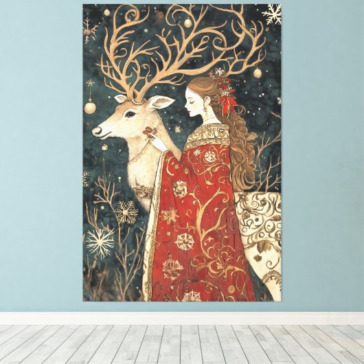 Enchanted Winter: Het meisje en het hert Canvas Afdruk (Insitu (Houten vloer))