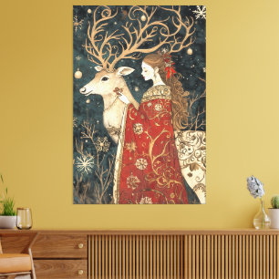 Enchanted Winter: Het meisje en het hert Canvas Afdruk