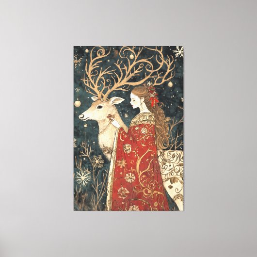 Enchanted Winter: Het meisje en het hert Canvas Afdruk (Voorkant)