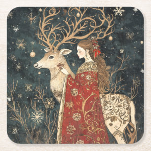 Enchanted Winter: Het meisje en het hert Vierkante Kartonnen Onderzetter