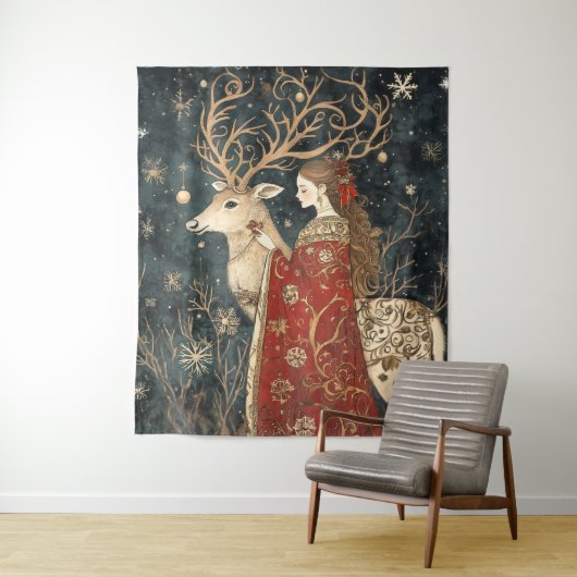 Enchanted Winter: Het meisje en het hert Wandkleed (In situ)