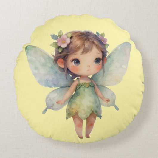 Enchanted Woodland Fairy: pastel green Sprite Rond Kussen (Voorkant)