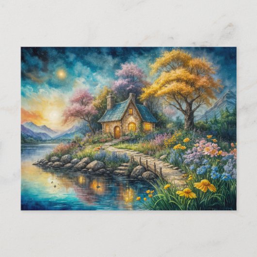 Enchanting Cottage by Moonlit Stream Briefkaart (Voorkant)