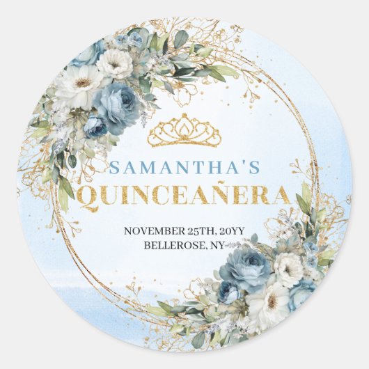 Enchanting Dusty Blue Gold Greenery Quinceañera Ronde Sticker (Voorkant)