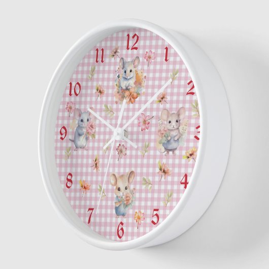 Enchanting Mice on Pink Gingham Check Wall Clock (Hoek)