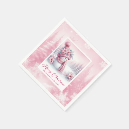 Enchanting Pink Snowman Christmas Scene Napkins Servet (Hoek)