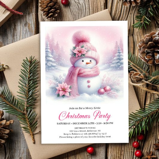 Enchanting Pink Snowman Kids Christmas Invitation